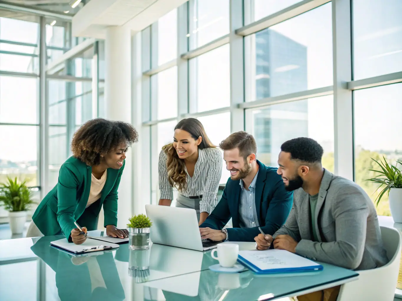 A diverse group of professionals participating in a soft skills workshop, actively engaged in a team-building exercise, set in a modern office environment.