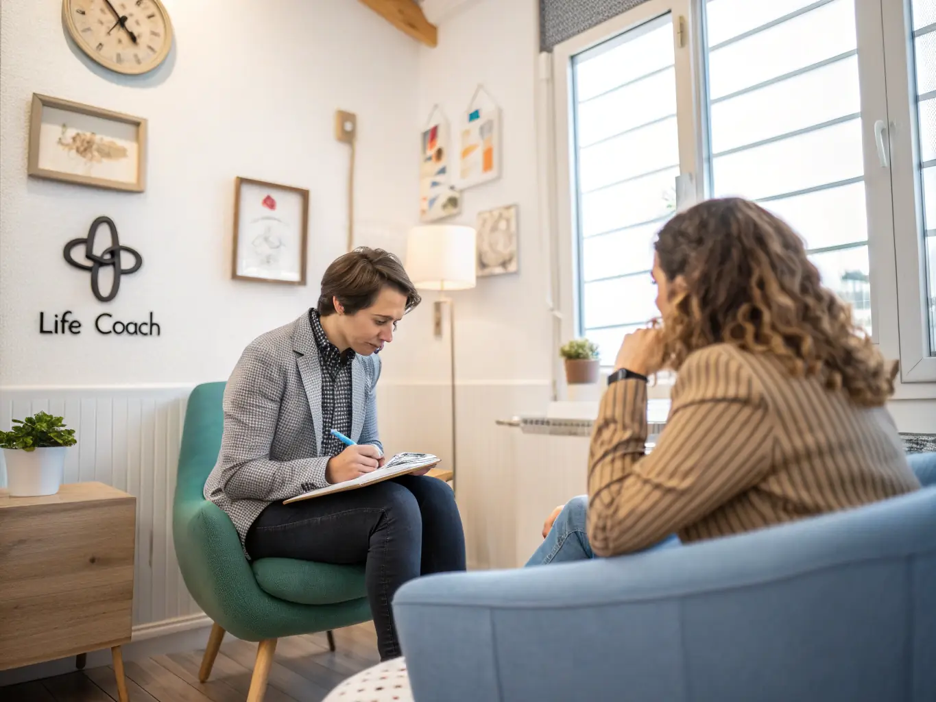 A business coach facilitating a one-on-one session, providing personalized guidance and feedback to a client in a bright, modern office setting.