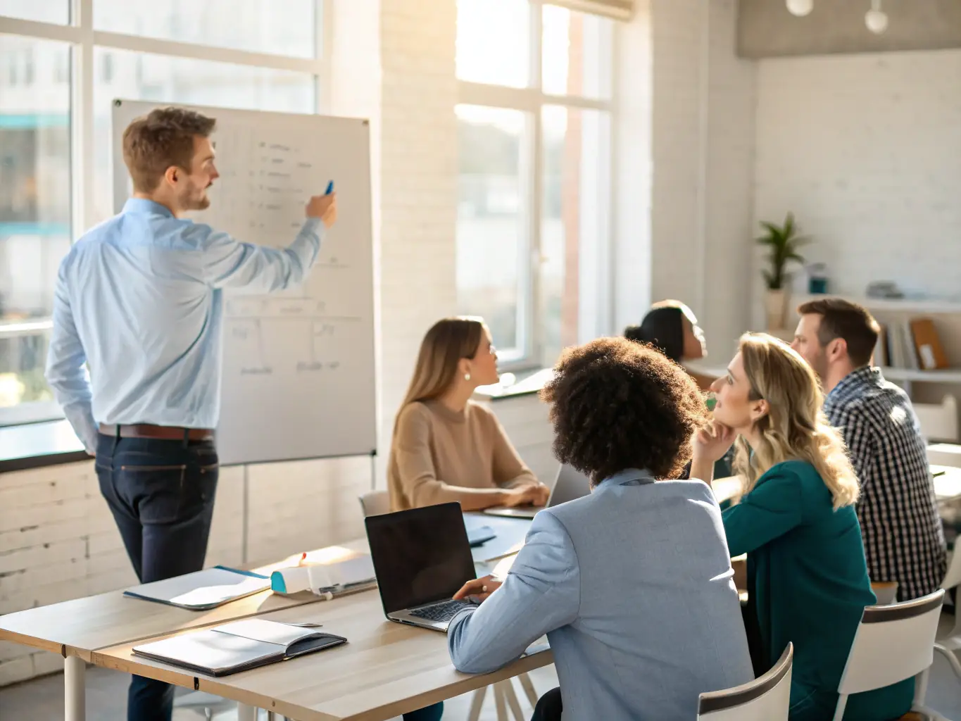 A professional coach is guiding a business team through a soft skills development workshop, focusing on communication and collaboration techniques in a modern office setting.