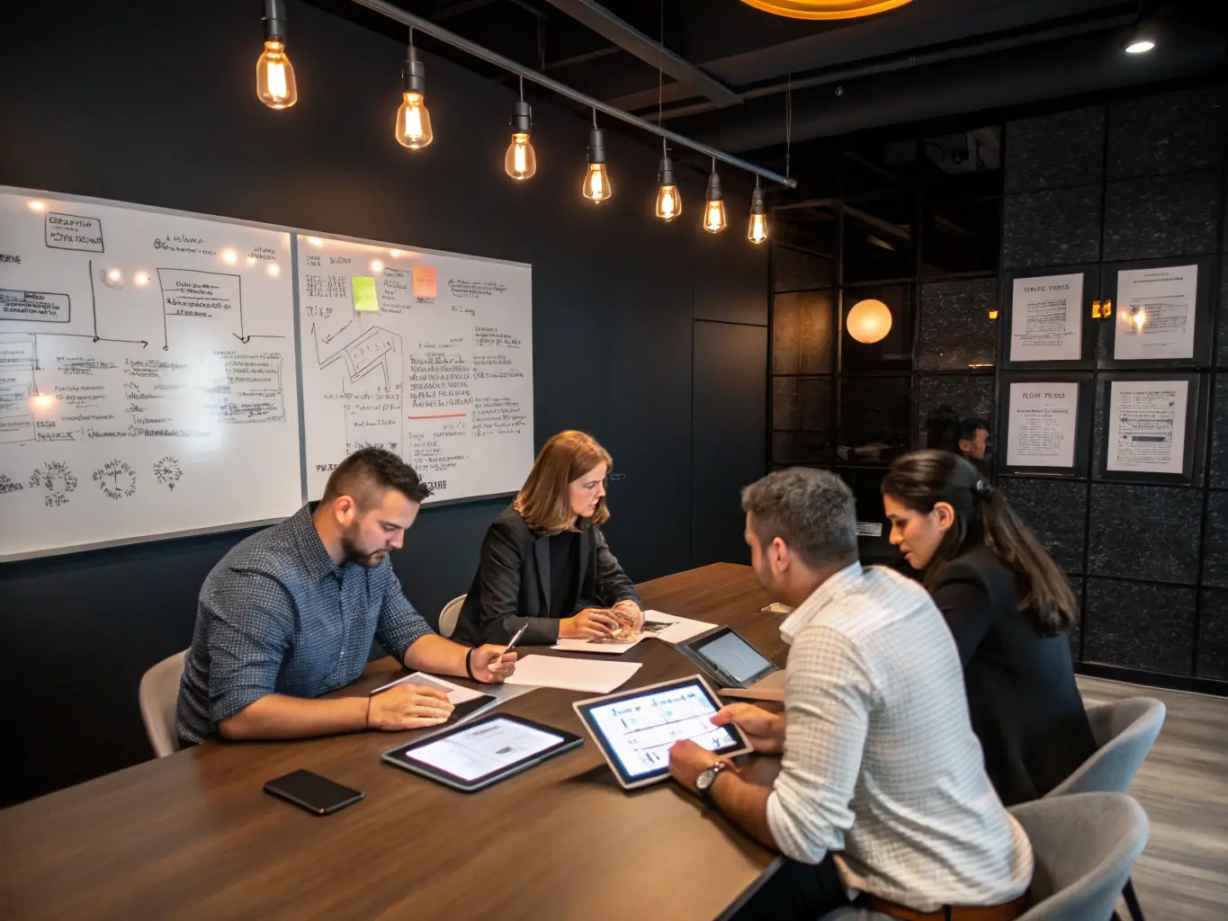 A diverse team is participating in a group coaching session, working on teamwork and problem-solving skills with guidance from a coach in a bright, collaborative workspace.